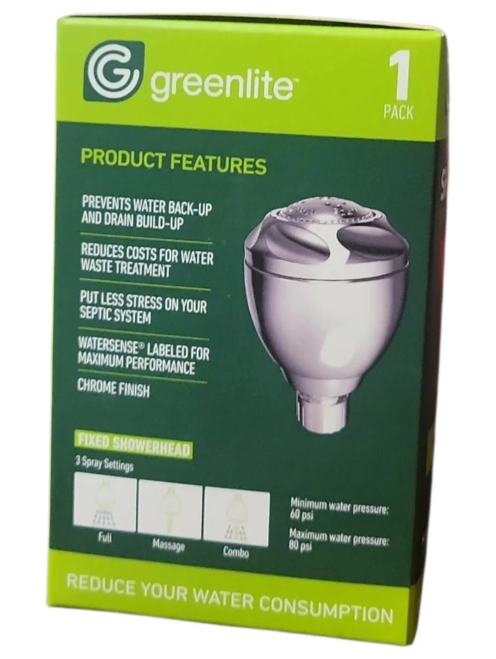 NWT Greenlite Chrome Finish Efficiency Fixed Shower Head /Teflon Tape 3 Stages